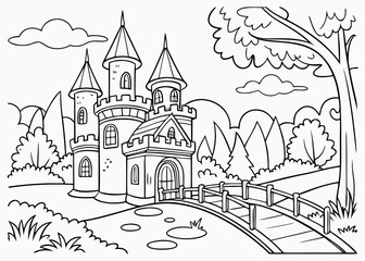 Naklejka premium Coloring page featuring a charming fairytale castle with multiple turrets and a winding path leading across a small bridge into the picturesque landscape.