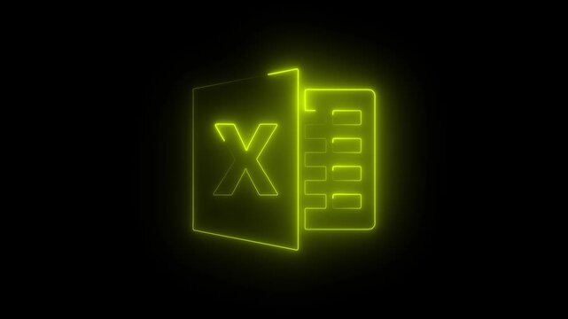 Yellow  Glowing Neon Excel File Icon Animation on Black Background