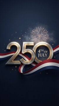 Modern patriotic 250th Independence Day design featuring USA elements, red white and blue colors, fireworks and typography celebrating the 4th of July 2026 anniversary.
