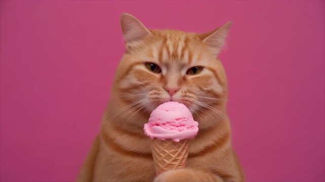 Adorable ginger cat enjoys a sweet pink ice cream cone, its face full of delight, against a bright, solid pink background, capturing a moment of pure bliss and summer fun