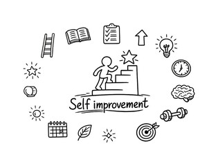 Naklejka premium Self improvement. Hand-drawn doodle illustration of Self improvement. In the middle, one slightly larger central doodle