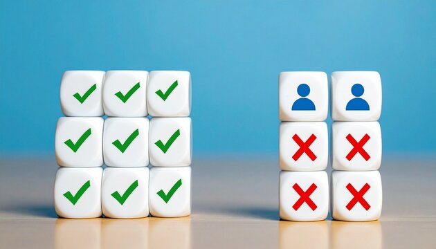 White Toy Cubes with Green Checkmarks and Red Crosses for Employee Performance Review, Selection Process, and Business Decision Evaluation Concept