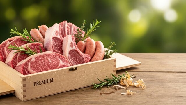 Fresh meat , raw steak in wooden box with herbs on wooden table background