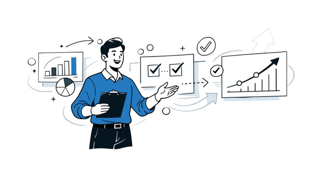 Client presentation preparation. Person practicing presentation flow, slides with charts, checkmarks, and growth arrows