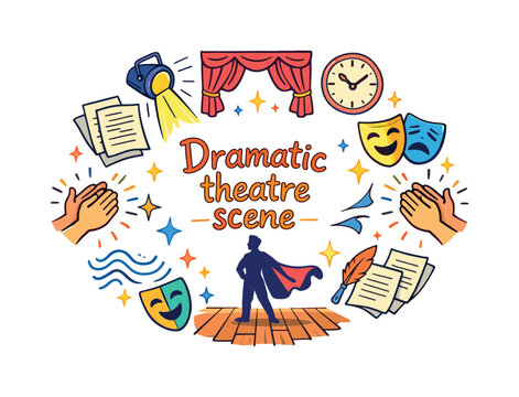 Dramatic theatre scene. Hand drawn illustration of Dramatic theatre scene. intense spotlight, actor silhouette, flowing