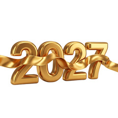 Golden 2027 Numbers With Ribbon On Isolated Transparent Background