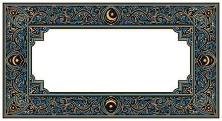 Ornate Islamic floral border frame with crescent moon and star symbols, elegant blue and gold decorative background for Ramadan or Eid,