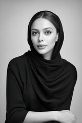 Fototapeta premium Young woman in a black hijab and sweater poses for a black and white portrait, showcasing her facial features against a soft background