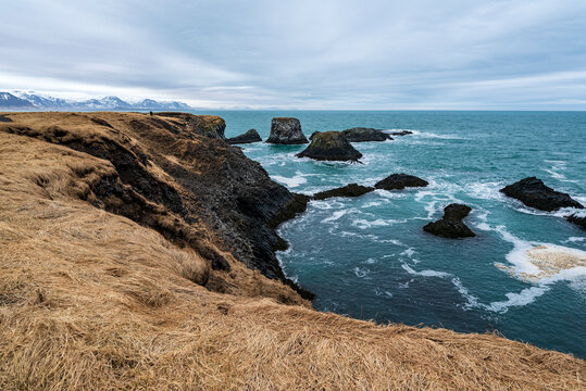 Scenic view of the ocean and the beautiful black basalt cliffs at Arnarstapi in late winter, Sn&aelig;fellsnes peninsula, Iceland
