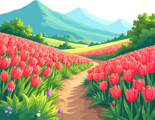 Tulip fields in the mountains with panoramic scenic landscape, blooming spring valley and colorful flower rows under clear blue sky