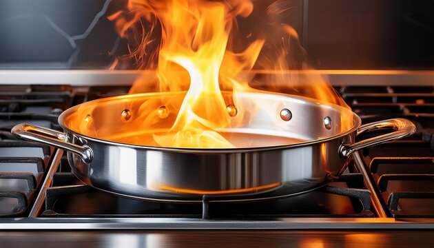 flames rise from a stainless steel pan on a gas cooktop in a residential kitchen representing grease fire cooking hazard and safety awareness