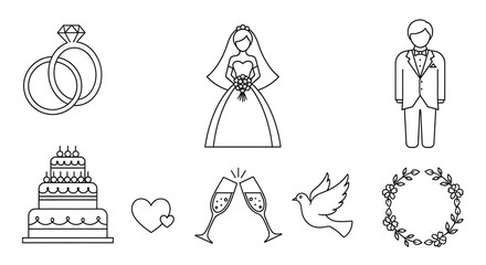 Fototapeta premium Wedding theme with rings, bride, groom, cake, heart,... isolated on a transparent background