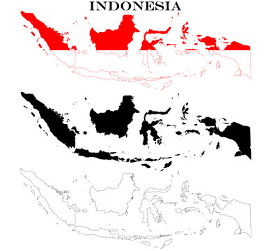 Indonesia Country Maps Bundle with National Flag, Black Silhouette and Detailed Outline Contours