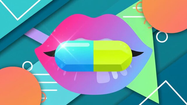 Stylized lips with a colorful capsule between them on a geometric background