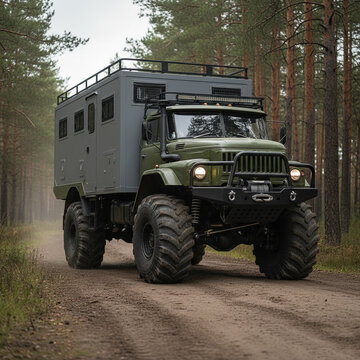 A powerful off-road truck on large wheels. For hunting, fishing, expedition