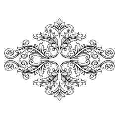 An intricate black and white illustration of a floral design with swirling patterns and leafy motifs viewed from directly above