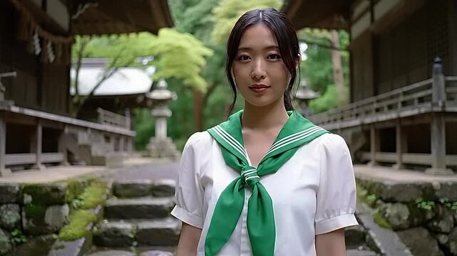 Young Japanese woman in traditional scouting uniform standing in serene temple courtyard.