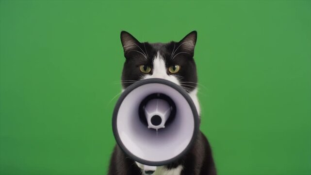A charming tuxedo cat uses a megaphone to make a playful announcement against a bright green screen. Perfect for humorous content and engaging communication themes