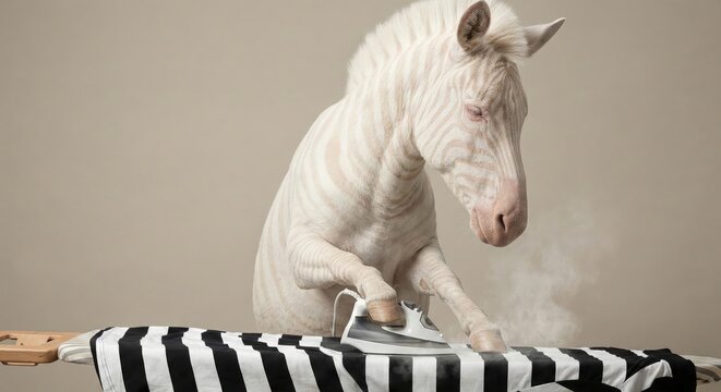 Zebra albino : A rare white albino zebra using an electric iron to iron a striped black and white fabric.