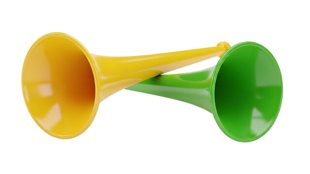 Yellow And Green Plastic Vuvuzela Horns On Isolated Transparent Background