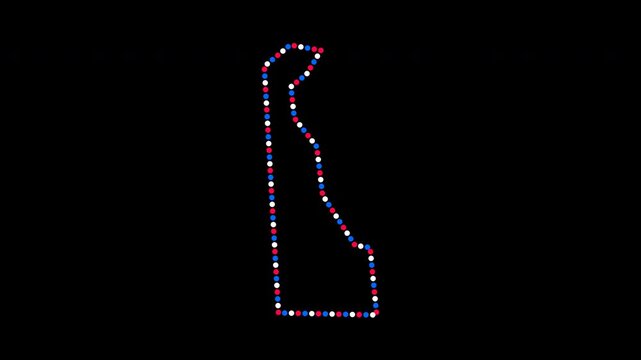 Delaware Map Outline Animation Glowing Red White Blue Dots Forming Border on Black Background for Election News Politics Voting Data Visualization 4K ProRes Digital Cyber HUD Style Broadcast