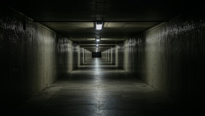 Long Dark Corridor With Lights on the Ceiling in a Building at Night