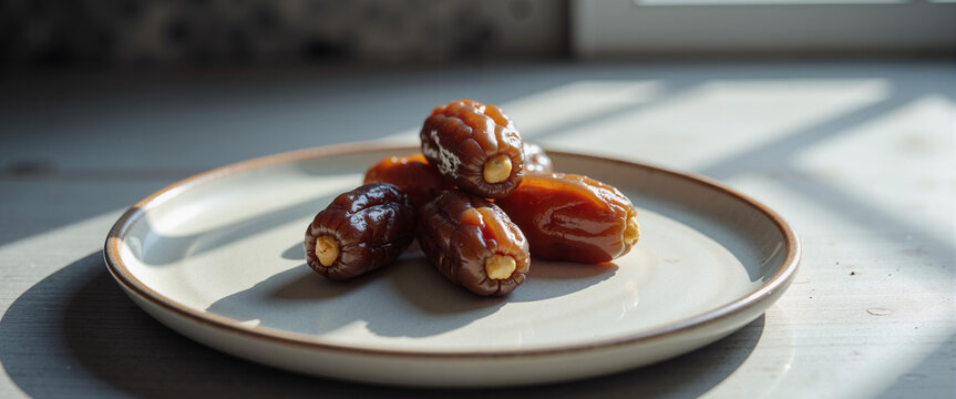 Fresh dates arranged on a plate illuminated by dawn light, concept of Imsak  