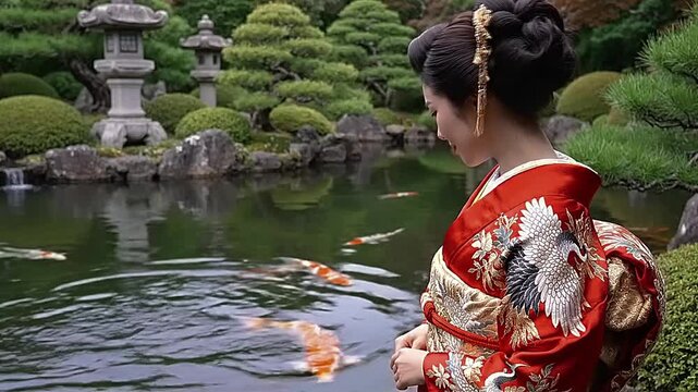Woman in traditional Japanese kimono feeding koi fish in serene garden pond.