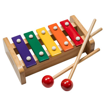 Colorful wooden xylophone with mallets isolated on transparent background