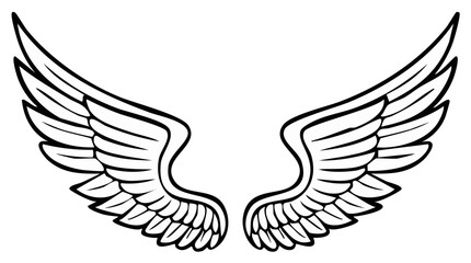 Fototapeta premium Stylized vector line art illustration of large feathered wings spread outwards