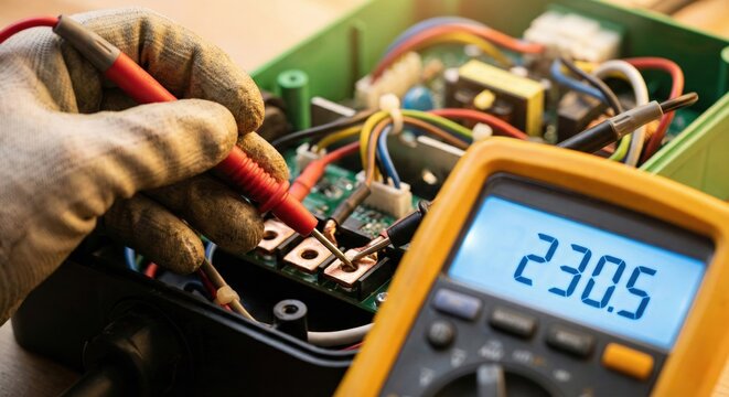 Professional electrician testing EV charging station voltage with a digital multimeter