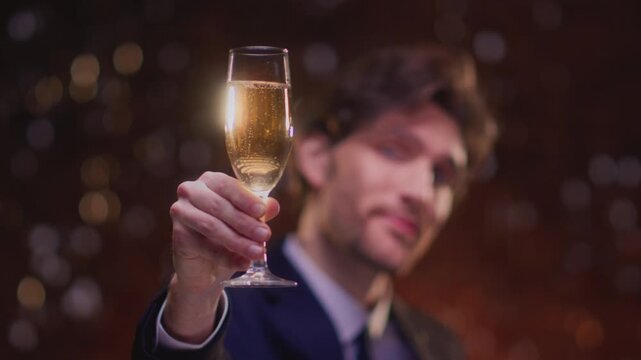 Elegant tuxedo man hold flute glass of champagne. Celebrates success, victory or winnings, wishes you happy new Year or Christmas. Cheers businessman. Handsome mal suit. Celebrate with sparling wine
