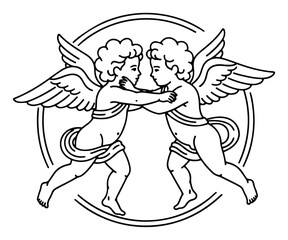 Obraz premium Two cherubs embracing inside a decorative circle – vintage line-art vector illustration