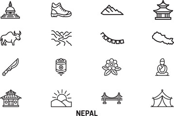 Naklejka premium nepal outline icons set. collection of linear vector illustrations, landmarks, and symbols