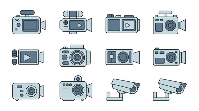 collection of various security cameras, modern surveillance devices including dome, bullet, and PTZ types, vector illustration for safety, monitoring, and security system design.