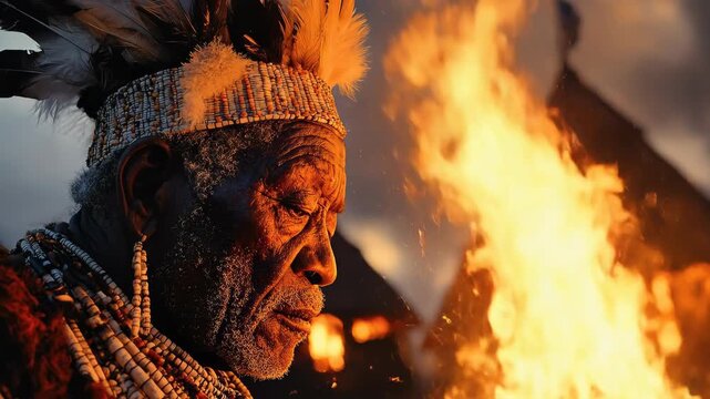 Elderly Zulu chieftain contemplating sacred fire during a tribal evening ceremony. Ancient African man in traditional feathered regalia performs a spiritual ritual.