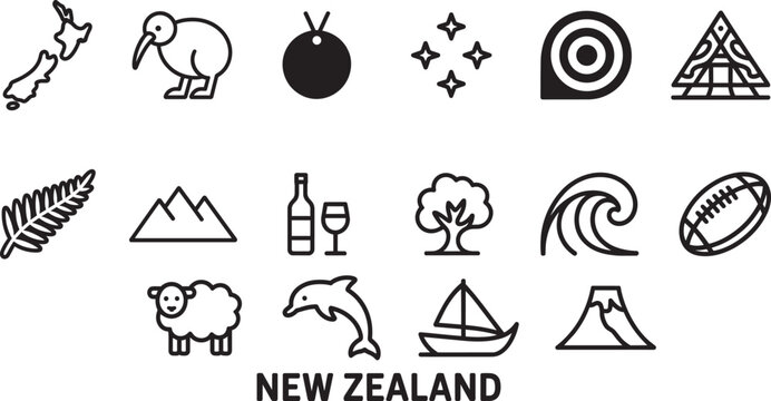 new zealand outline icons set. collection of linear vector illustrations, landmarks, and symbols