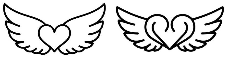 Obraz premium Minimal line art heart with angel wings icon set vector love freedom symbol