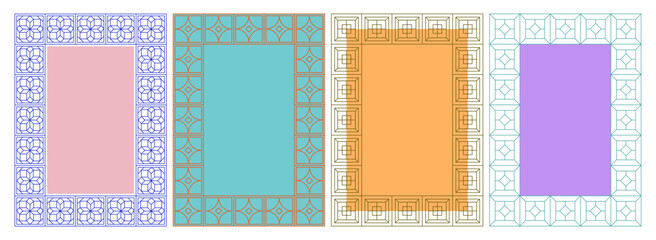 Vector set of elegant Korean traditional frames with geometric lattice patterns for invitations, greeting cards, and cultural event posters © enotmaks
