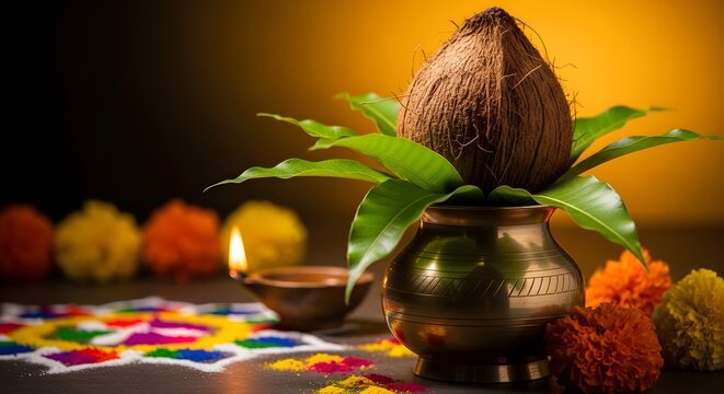 Traditional copper Kalash with coconut and mango leaves on colorful rangoli for Ugadi and Gudi Padwa festival celebrations