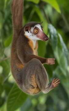 Sunda colugo flying lemur hanging from tree branch in forest with green leaves
