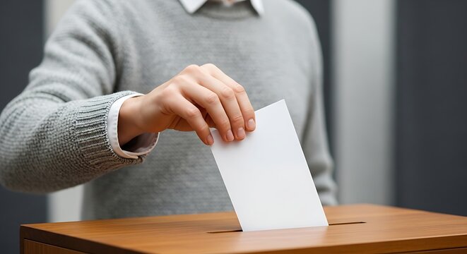 Minimalist scene showing an individual casting a paper ballot into a slit on a polished wooden voting box.