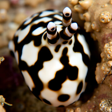 Macro photo of Aplysia dactylomela, the spotted sea hare. Distinctive black-ringed pattern on pale skin, captured in natural marine environment.