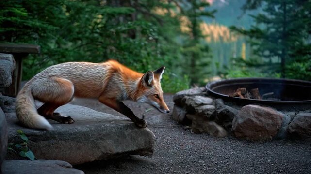 A red fox rests on a rock near a campfire pit, forest in the background