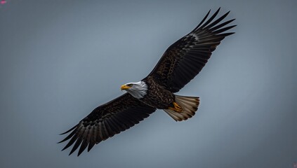 Obraz premium Bald Eagle in Flight Over Gray Sky With Wings Spread Wide Near a Forest