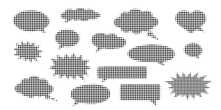 Black and white comic speech bubbles and thought clouds set, halftone hand drawn vector