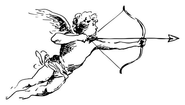 Cupid cherub aiming bow and arrow vintage hand drawn sketch vector