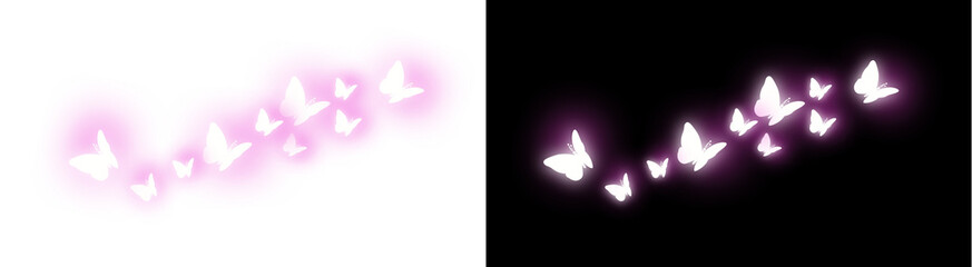 PNG image of A beautiful collection of glowing white and pink neon butterfly silhouettes flying together gently on transparent background. on transparent background © MariaAlam