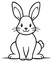 Fototapeta premium Cute cartoon bunny rabbit sitting and looking forward with large ears and a happy expression in black and white line art