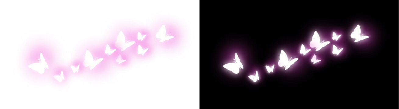 PNG image of&nbsp;A beautiful collection of glowing white and pink neon butterfly silhouettes flying together gently on transparent background. on transparent background